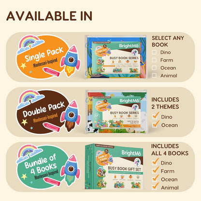 Montessori Busy Book Set (4-in-1) – Preschool Learning Activities for Ages 3+, Fine Motor Skills, Travel Activity Kit, Dinosaur Farm Ocean Animal Themes
