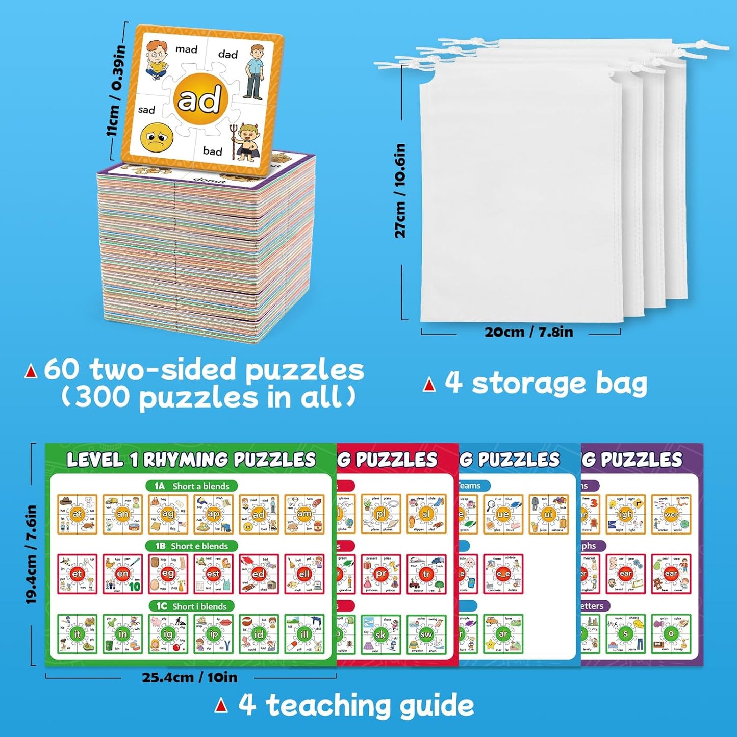 Torlam Phonics Puzzle Cards Level 1-4, Learn to Read Rhyming Games Phonics Flash Cards Spelling CVC Words, Digraphs Blends, Long Vowel, Silent E, Trigraphs Sight Words for Toddlers Kids Kindergarten