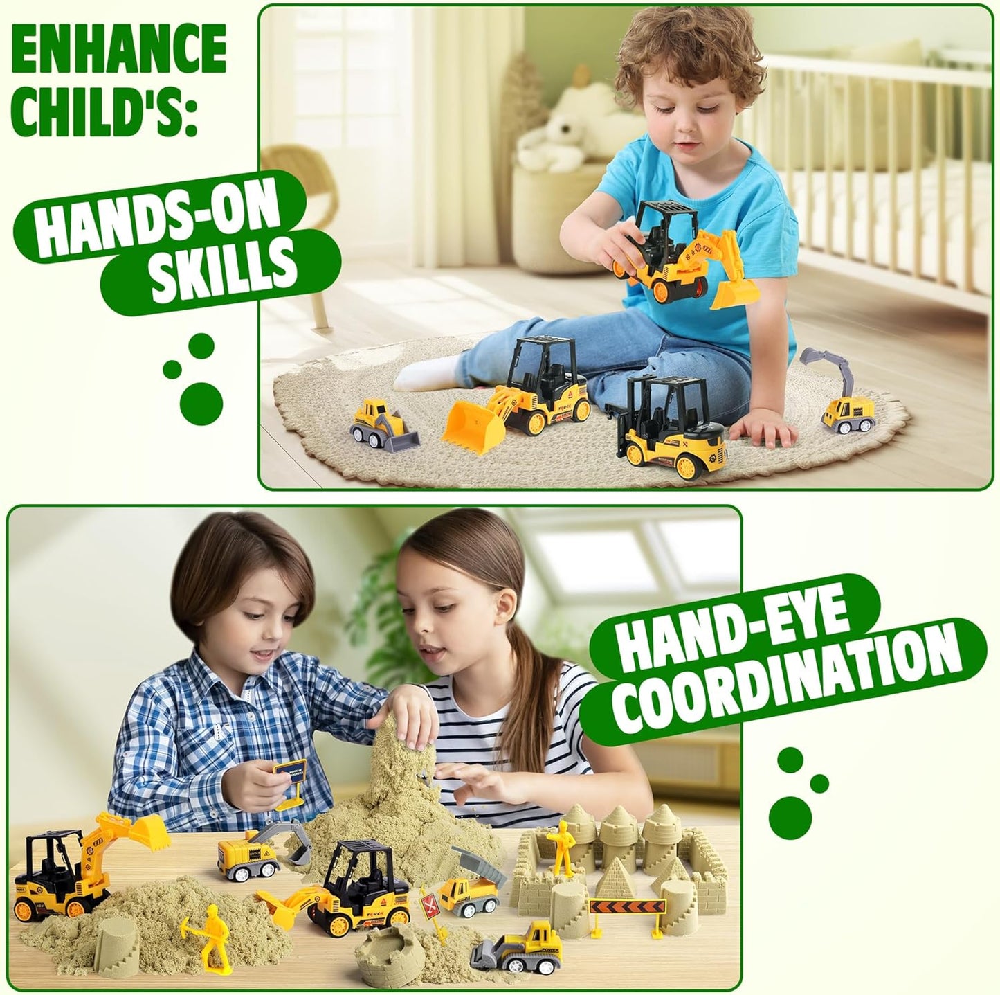 Billeeit Sand Construction Kit with Foldable 15 x 15 in Sand Box, 2.2 lbs Sensory Sand, 8 Trucks, Molds & Tools, Gift for Kids 3+