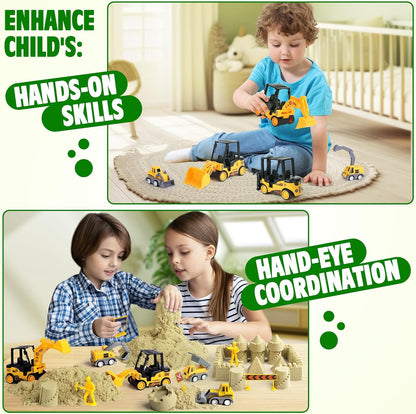 Billeeit Sand Construction Kit with Foldable 15 x 15 in Sand Box, 2.2 lbs Sensory Sand, 8 Trucks, Molds & Tools, Gift for Kids 3+