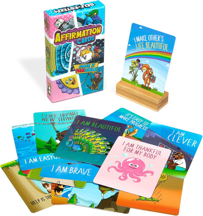 45 Affirmation Cards for Kids - Premium Edition – 3x4 in – incl. Wooden Stand – Conversation Notes for Children and Toddlers – Mindfulness, Social Skills, CBT Therapy – Lunch, School Counselors, Teachers, Parents