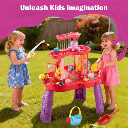 Water Table for Toddlers 3-5 Outdoor Toys for Kids Ages 4-8 3-Tier Kids Sand Water Table with Fishing Game Set Activity Sensory Table Summer Gift Beach Outside Toys for Toddler Girl