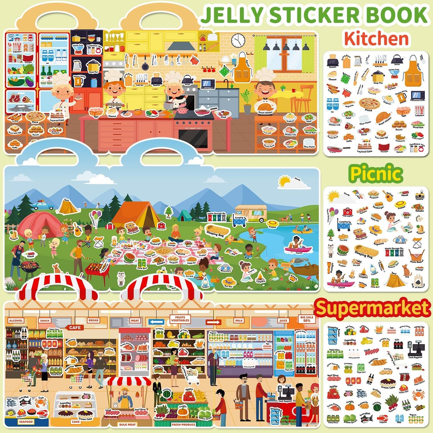 6 Sets Reusable Sticker Book for Toddlers 3-6, Jelly Sticker Books for Toddler, Travel Sticker Activity Toys for Kids 3 4 5 6 Years Old Girls & Boys