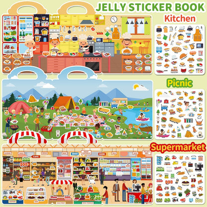 6 Sets Reusable Sticker Book for Toddlers 3-6, Jelly Sticker Books for Toddler, Travel Sticker Activity Toys for Kids 3 4 5 6 Years Old Girls & Boys