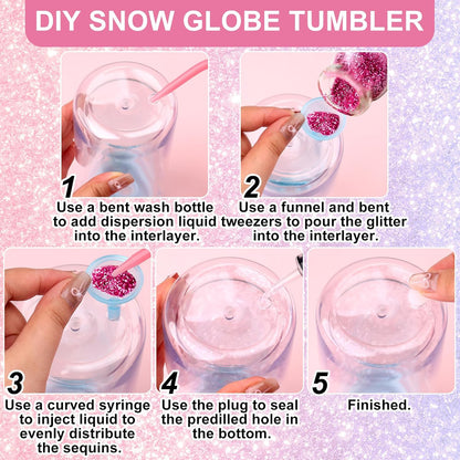 16 Pcs Snow Globe Tumbler Supplies Including 16 oz Plastic Snowglobe Cups with Lids and Straws Squeeze Bottle Bent Spout Syringe Tweezers Funnels for Glitter Snow Globe DIY Craft Gifts