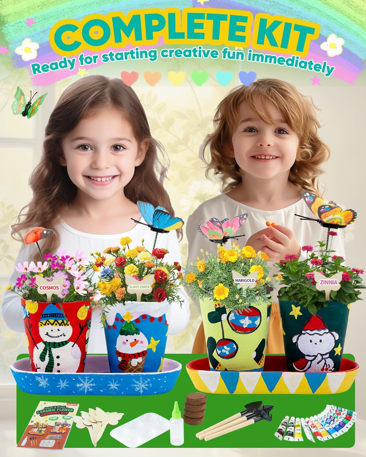 RGBDOT Kids Gardening Kit with Paintable Ceramic Flower Pots - DIY Arts and Crafts Gifts for Girls Ages 6-10 - Fun Indoor Activity Toys & Christmas Birthday Gift for Kids Home Decor