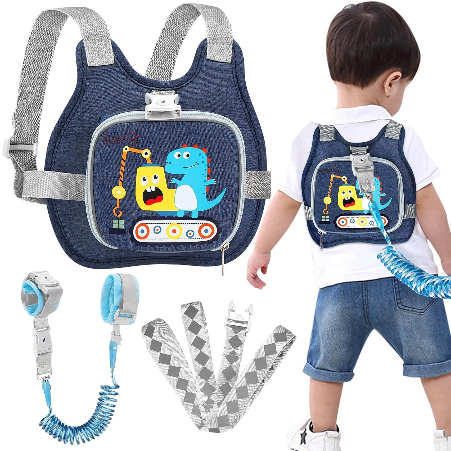 Accmor Toddler Harness Leash + Reflective Anti Lost Wrist Link, Cute Car Kids Back Pack with Hand Strap Collapsible Child Walking Restraint Belt Tether Hold Baby Boys Close for Outdoor Travel