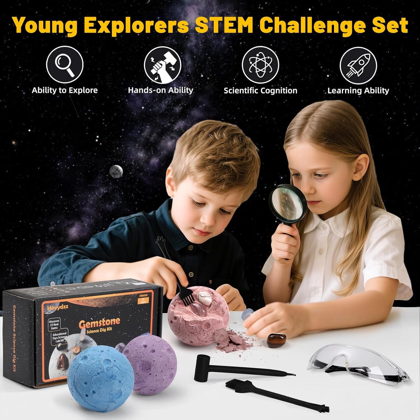 Gemstones Dig Kit, Science Kit for Kids, Dig up 15 Real Gems & Explore Solar System, STEM Educational Mining Space Toys, Archaeology Geology Science Experiments Gift for Boys&Girls Age 6-8-12