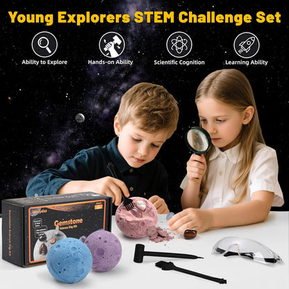 Gemstones Dig Kit, Science Kit for Kids, Dig up 15 Real Gems & Explore Solar System, STEM Educational Mining Space Toys, Archaeology Geology Science Experiments Gift for Boys&Girls Age 6-8-12