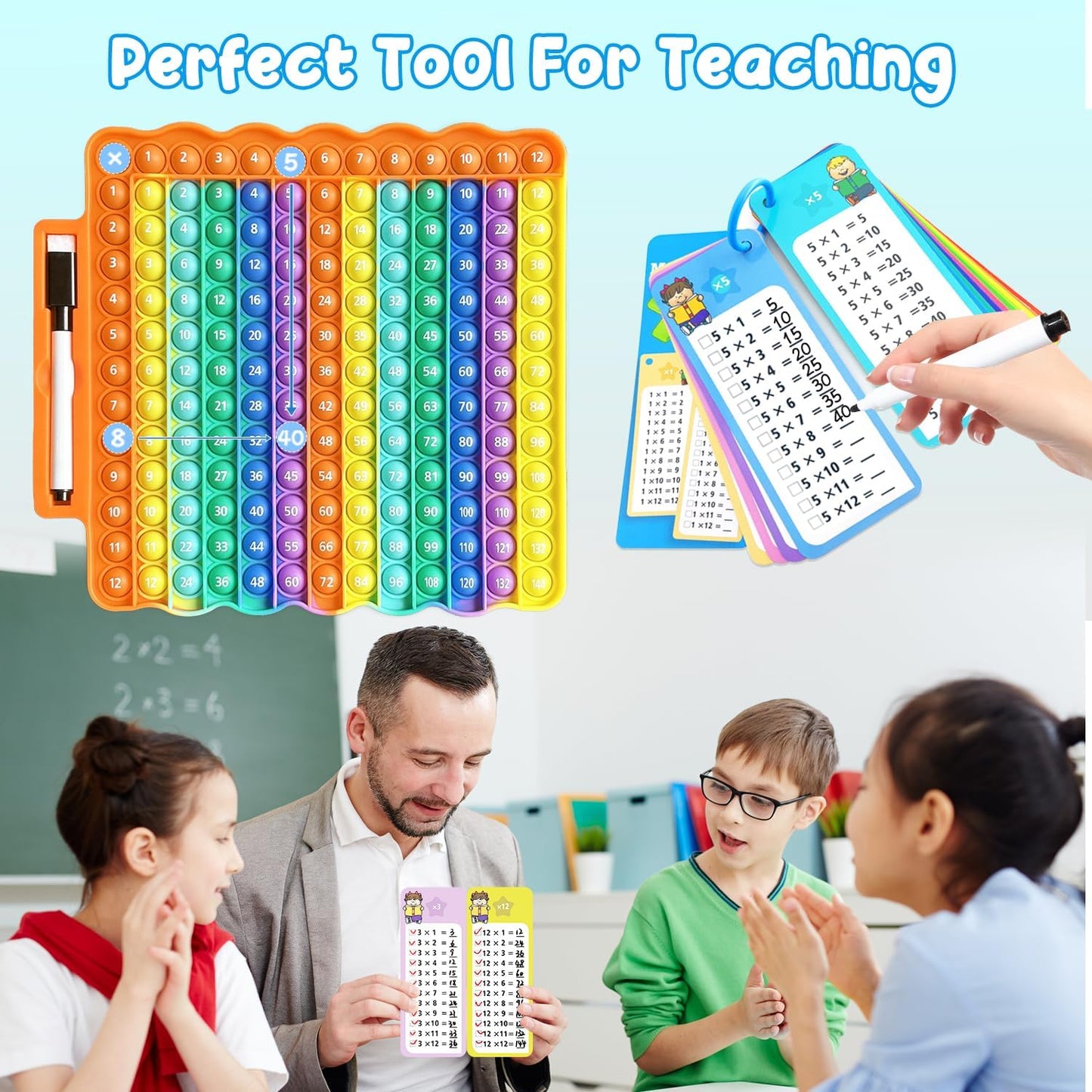 Multiplication Flash Cards + Pop Fidget Multiplication Chart, Times Table Educational Flashcard 3rd Grade, 4th, 5th, 6th Grade