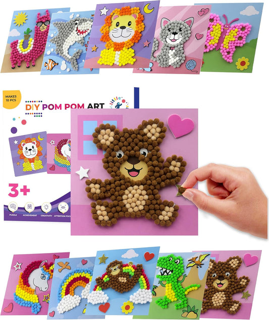 Little Jupiter DIY Pom Pom Art - Makes 3 Pieces -Boy & Girl Crafts for Kids Age 3-5 - Toddler Crafts - Pom Pom Art Projects for Kids 3-5 - (Set 2-Unicorn, Rainbow, Cat)