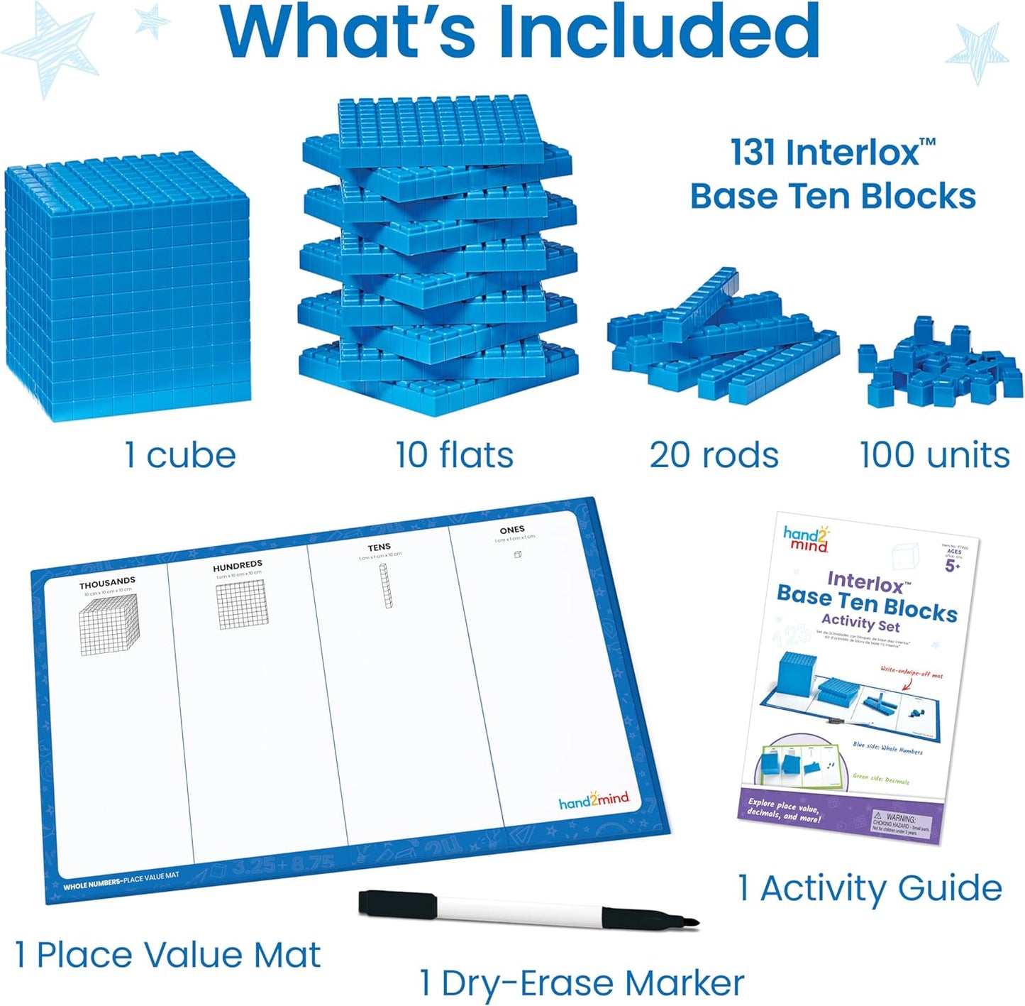 hand2mind Foam Base Ten Blocks Activity Set, Place Value Manipulatives, Base 10 Blocks for Math, Counting Cubes, Math Manipulatives 1st Grade, Small Group Classroom Must Haves (133 Pieces)