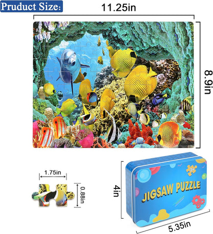 LELEMON 100 Pieces Jigsaw Puzzles in a Metal Box for Kids Age for 4-8 Boys Girls Toy Puzzles Construction Site Vehicles Children Learning Educational Puzzles Toys