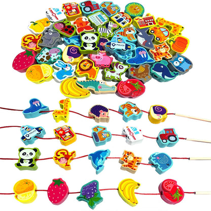 46 PCS Montessori Wooden Lacing Beads Toys for Toddlers,Educational Stringing Animals Fruits Farm Threading Beads Preschool Learning Toys for Kids 3 4 5 6 Year Old Boys Girls…