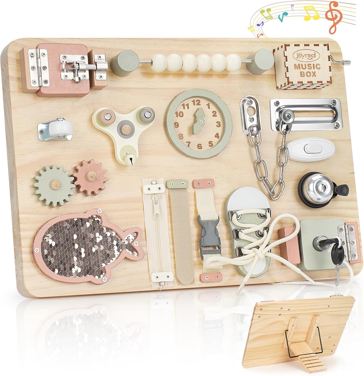 Joyreal Large Wooden Busy Board for Toddlers with Foldable Stand, 16-in-1 Montessori Sensory Toys Activity Learning Board with Music Box, Educational Gift for 1 2 3 Year Old Boys Girls