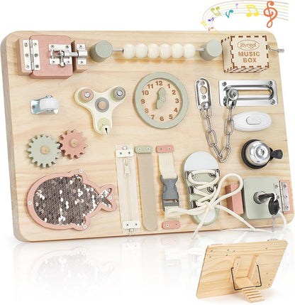 Joyreal Large Wooden Busy Board for Toddlers with Foldable Stand, 16-in-1 Montessori Sensory Toys Activity Learning Board with Music Box, Educational Gift for 1 2 3 Year Old Boys Girls