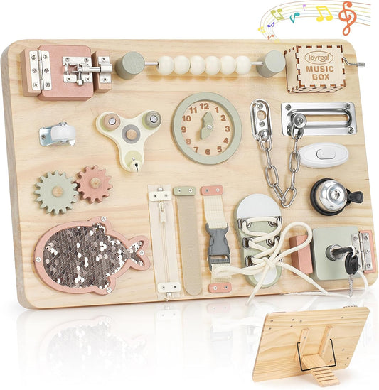 Joyreal Large Wooden Busy Board for Toddlers with Foldable Stand, 16-in-1 Montessori Sensory Toys Activity Learning Board with Music Box, Educational Gift for 1 2 3 Year Old Boys Girls