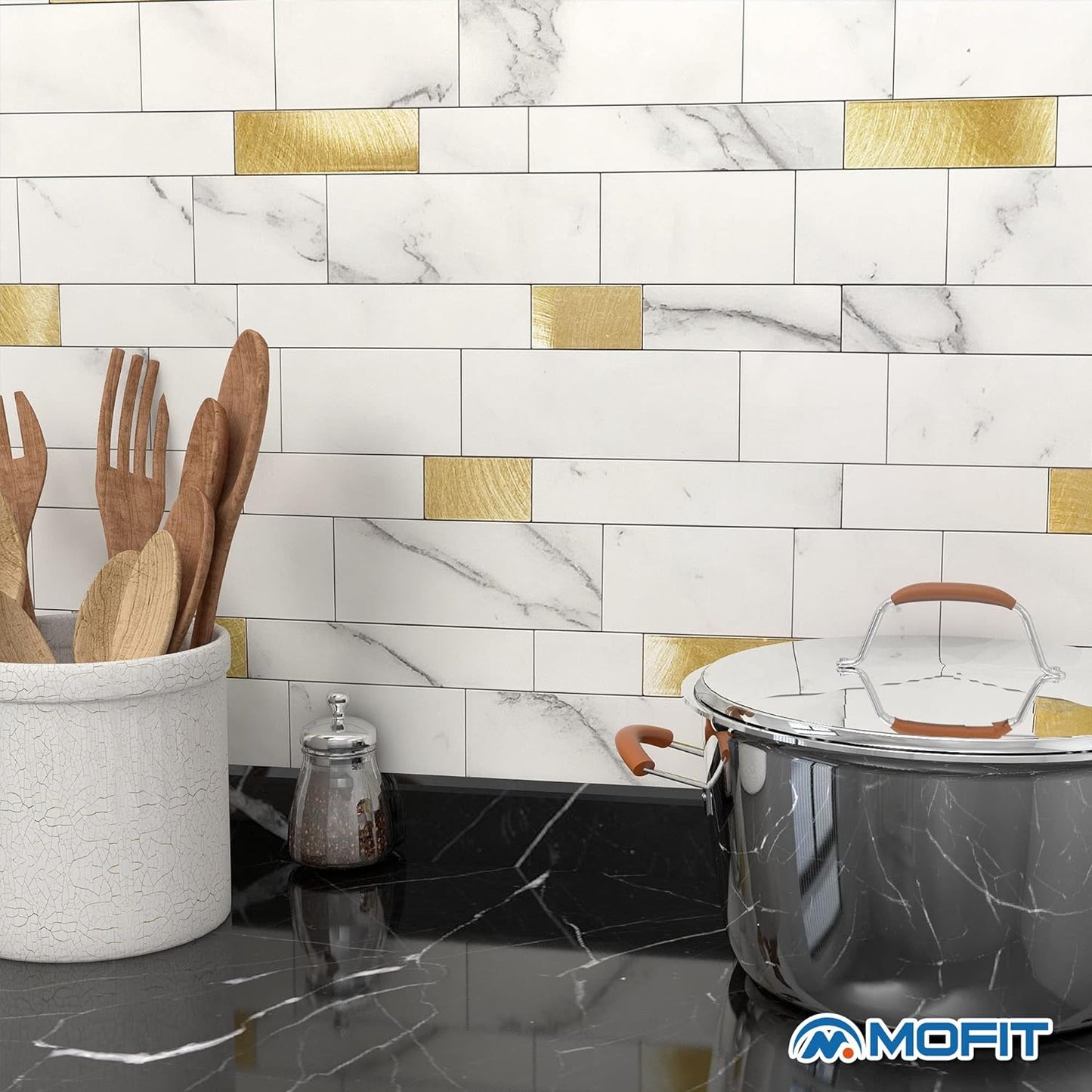 MOFIT Backsplash Tile for Kitchen Peel and Stick Stone Matte Finish,Bathroom Tiles Stickers 3D Wall Panel Linear Mosaic Marble Backsplash Waterproof(5sheets,Blue Green Gray)