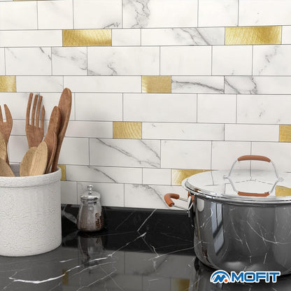MOFIT Backsplash Tile for Kitchen Peel and Stick Stone Matte Finish,Bathroom Tiles Stickers 3D Wall Panel Linear Mosaic Marble Backsplash Waterproof(5sheets,Blue Green Gray)