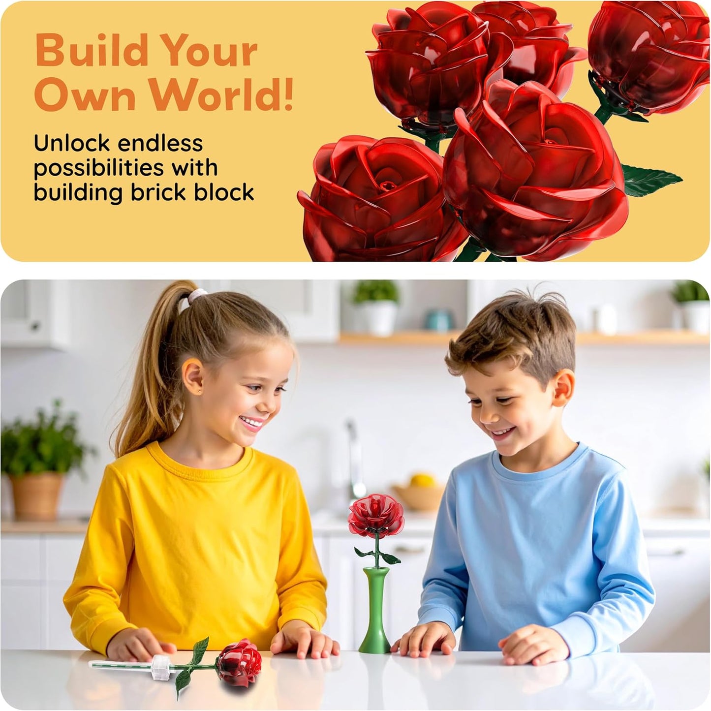 PicassoTiles Red Stem Rose Building 45pc Set With Magnetic Hold Piece Creative Hands-On Play Discovery Activity Kit Room Decor Gifts For Mother’s Day Present Display Flower Boys Girls Kid Age 3+ PBS20