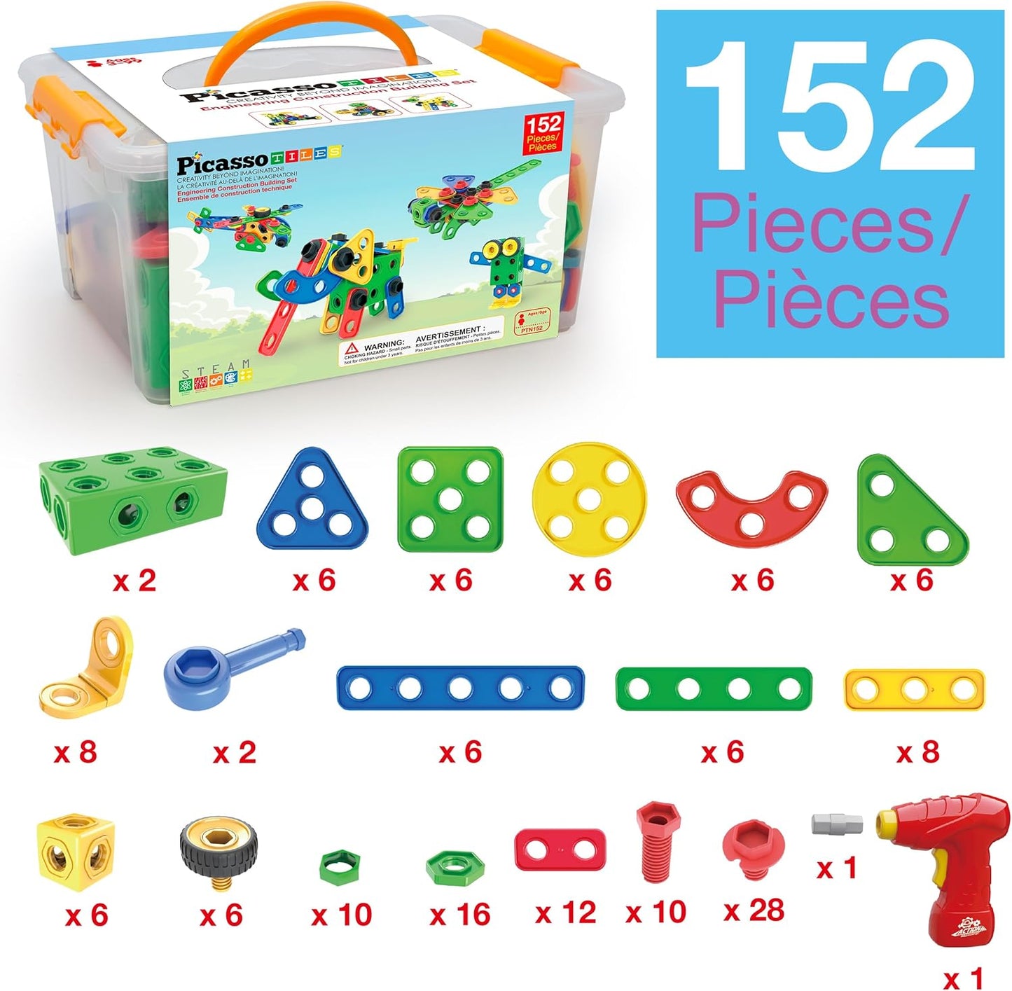 PicassoTiles 152pc STEM Construction Toy Building Set for Kids Ages 3+ Includes Power Drill, Ratchet, Idea Book, Storage Box Educational Engineering Science Kit & Sensory Toys for Boys & Girls PTN152