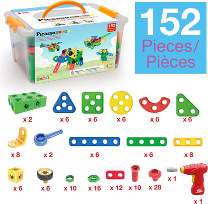 PicassoTiles 152pc STEM Construction Toy Building Set for Kids Ages 3+ Includes Power Drill, Ratchet, Idea Book, Storage Box Educational Engineering Science Kit & Sensory Toys for Boys & Girls PTN152