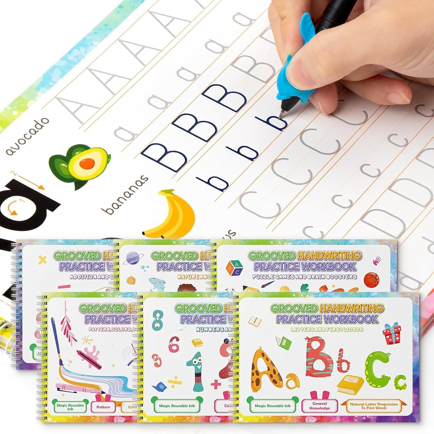 Magic Practice Copybook, Reusable Writing Practice Book, for Preschool Kids Age 3-8 Calligraphy (4 Books with Pens)