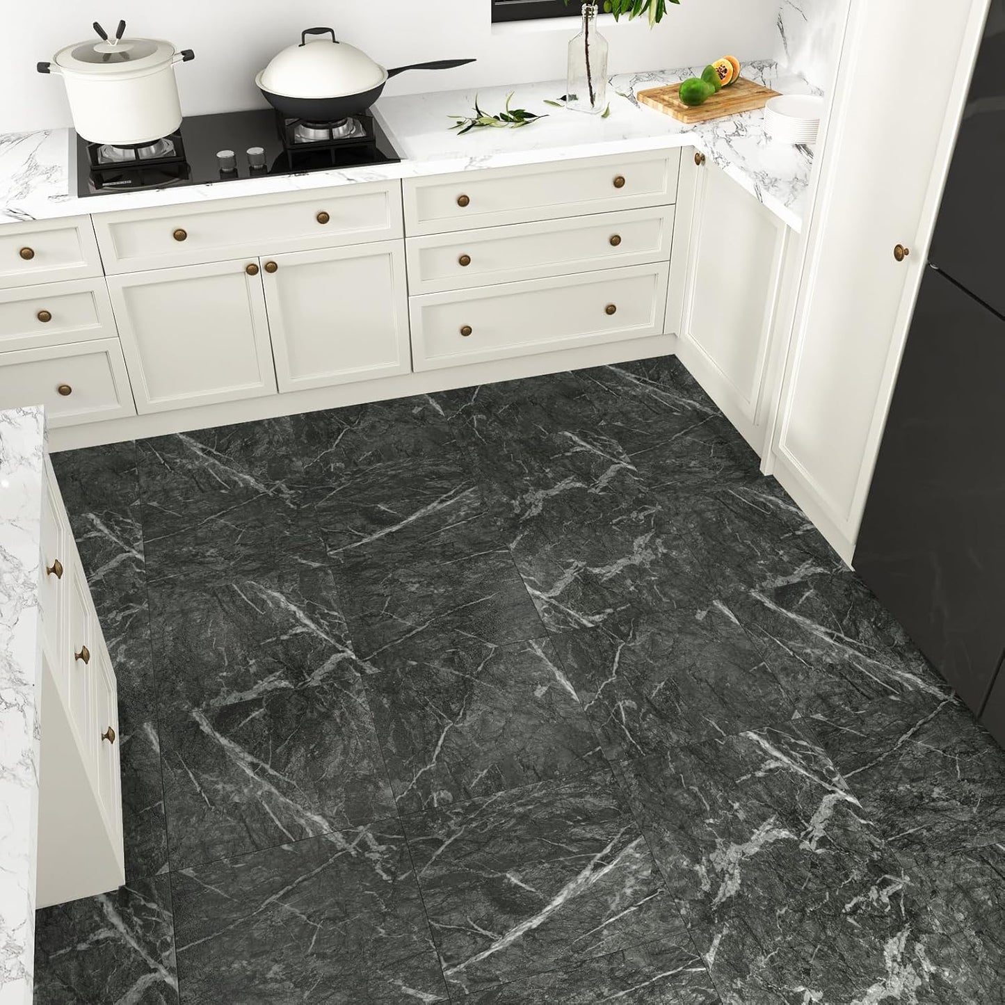Wallercity White Marble Peel and Stick Vinyl Floor Tiles 6-Pack 12x12 Inches Self Adhesive Waterproof Flooring Planks for Bathroom Kitchen Bedrooms Stick on Floor Tiles Laminate Sheets Vinyl Flooring