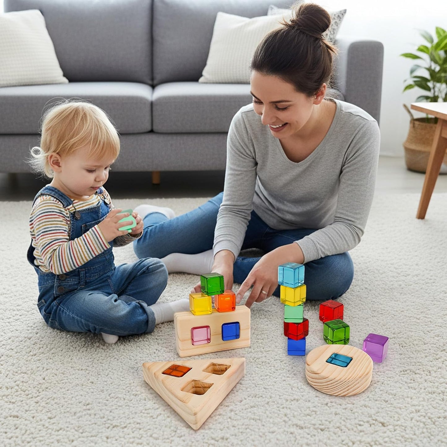 Woodtoe Large Building Blocks for Toddlers, Montessori Toys for 1 2 3 Year Old Boy Girl, No Choking Hazard Toys for Age 2-4 Kids Baby, Rainbow Acrylic Block Set, Sensory Birthday Toy Gifts for Kid