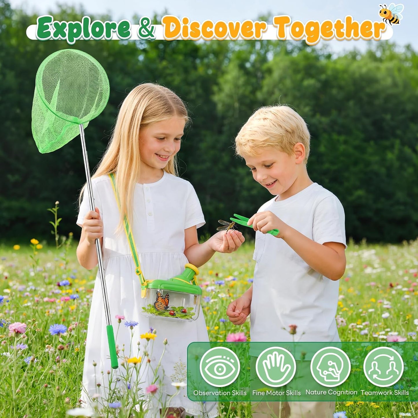 Kids Explorer Kit & Bug Catcher Kit with Vest, Carry Bag, Binoculars,Observation Jar, Butterfly Net, Magnifying Glass, Outdoor Nature Exploration STEM Toys Camping Gift for Boys Girls Ages 3-7