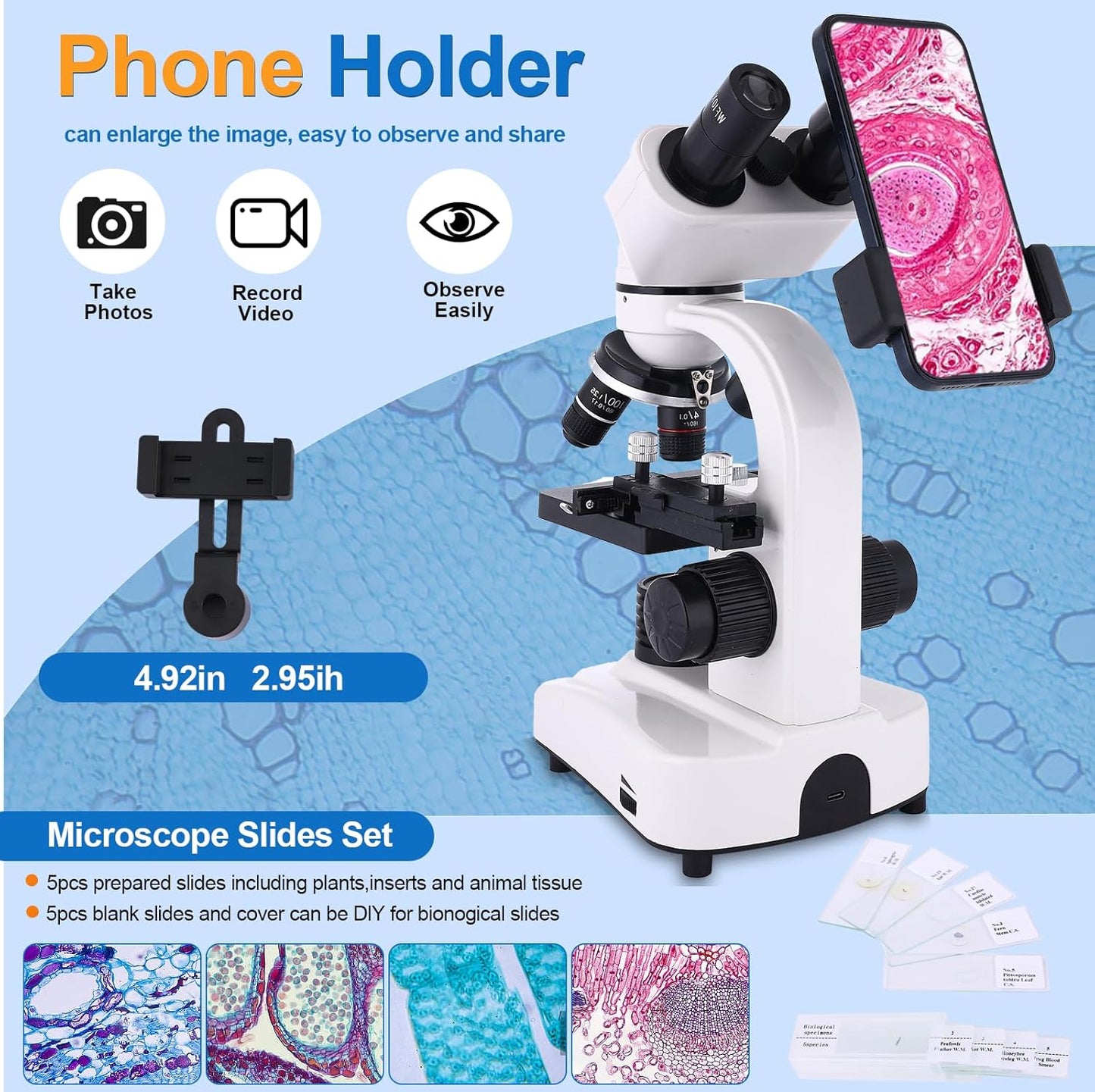 Microscope for Adults & Kids,40-2500X Binocular Microscope for School Lab & Home Schooling,with Mechanical Stages,Slides Set & Phone Holder