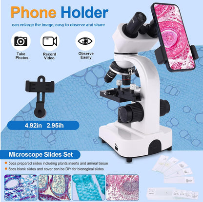 Microscope for Adults & Kids,40-2500X Binocular Microscope for School Lab & Home Schooling,with Mechanical Stages,Slides Set & Phone Holder