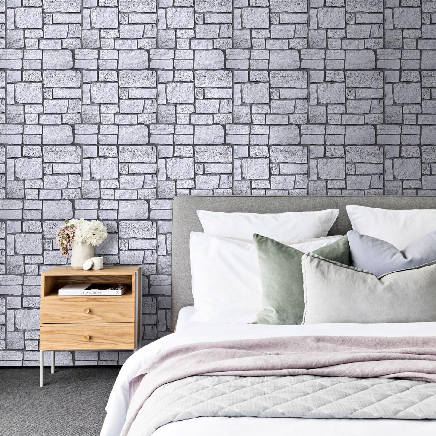 COMSTICKC 3D Faux Gray Stone Wall Sticker Peel and Stick Wall Panels,10 Pcs of 12"X12",Ultra-Light Thin PVC Decorative Tiles Rocks Stone Backsplash Interior Decor,Paintable