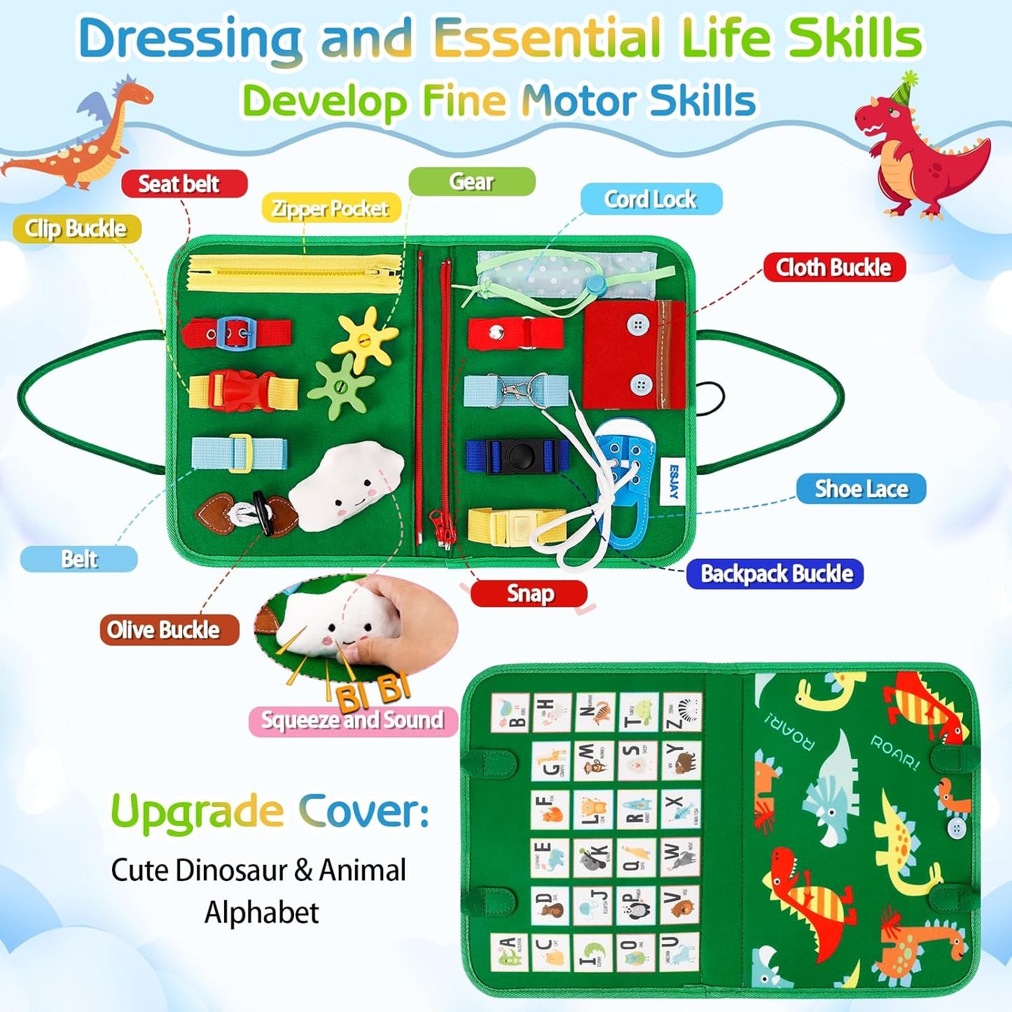 Esjay Toddler Busy Board Montessori Toys for Boys Girls, Sensory Book Educational Activities for Learning Fine Motor Skills, Birthday Gifts for Toddlers, Travel Toys for Airplane Car, White Dinosaur