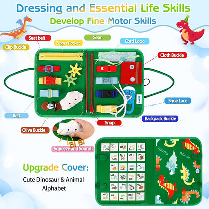 Esjay Toddler Busy Board Montessori Toys for Boys Girls, Sensory Book Educational Activities for Learning Fine Motor Skills, Birthday Gifts for Toddlers, Travel Toys for Airplane Car, White Dinosaur