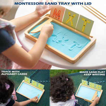 AtMini Montessori Sand Tray with Lid - Wooden Sand Trays for Kids Writing Letters and Numbers, Preschool Classroom Must Haves, Kindergarten Learning Tools (Blue)
