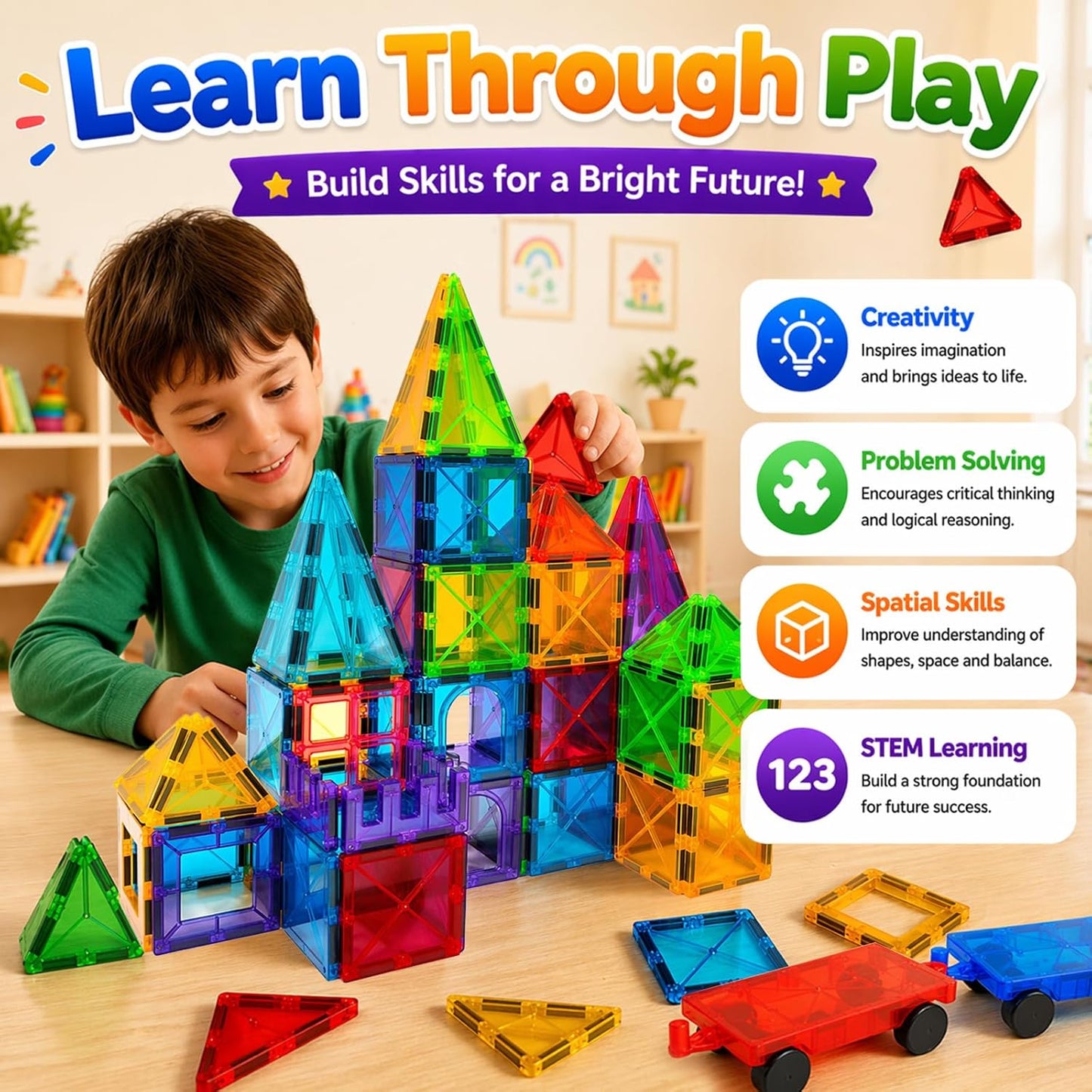 LATI Magnetic Tiles Starter Set for Kids,Beginner Magnetic Building Blocks for Early Learning, Build in 2D & 3D, Open-Ended STEM Building Toy,Easy to Start for Early Builders,Toy Gift for Ages 3–6