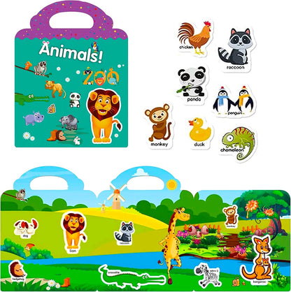 RUSON Reusable Sticker Book for Kids, 2 Sets Educational Learning Toys Travel Stickers Activity Books for Toddler Girls Boys Age 3+ Birthday Gifts - Vehicle & Dinosaur