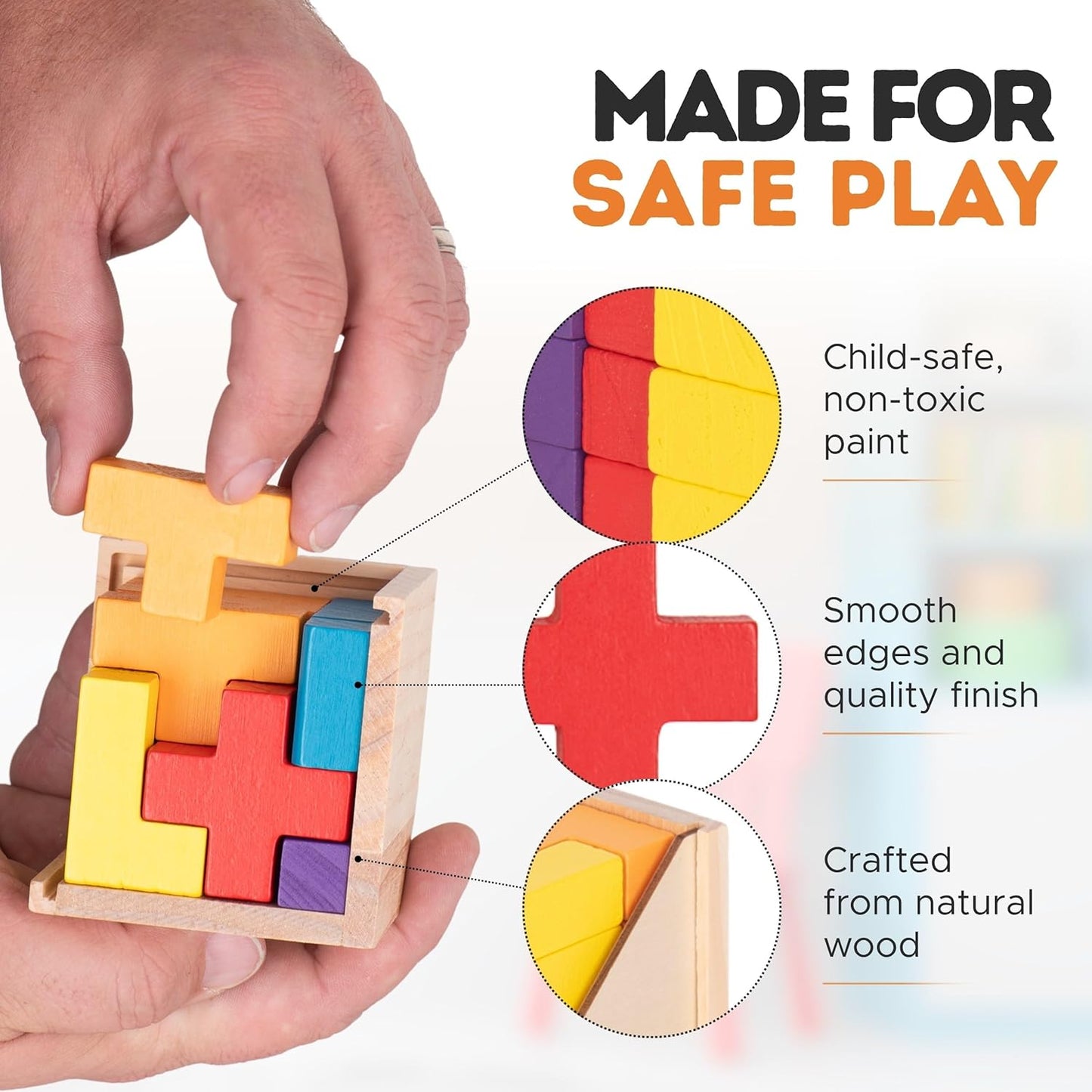 Zen Fun Wooden Brain Teaser Puzzle Cube - Montessori Toy Colorful Cube Puzzle for Kids Ages 5-7 and Easy Mind Puzzle for Adults - 20 Pieces