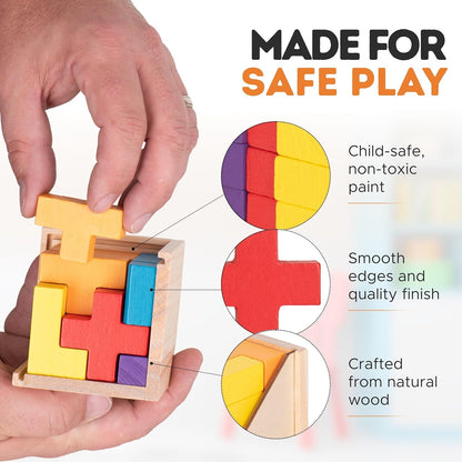 Zen Fun Wooden Brain Teaser Puzzle Cube - Montessori Toy Colorful Cube Puzzle for Kids Ages 5-7 and Easy Mind Puzzle for Adults - 20 Pieces