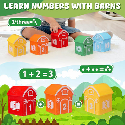 Montessori Toys for Toddlers 1 2 3 Years Old, Farm Animal Train Set with Counting Matching Sorting Activities 9 Barns, 10 Finger Puppets, 2 Stickers-Learning Toys for Baby Boys Girls, Preschool Gift
