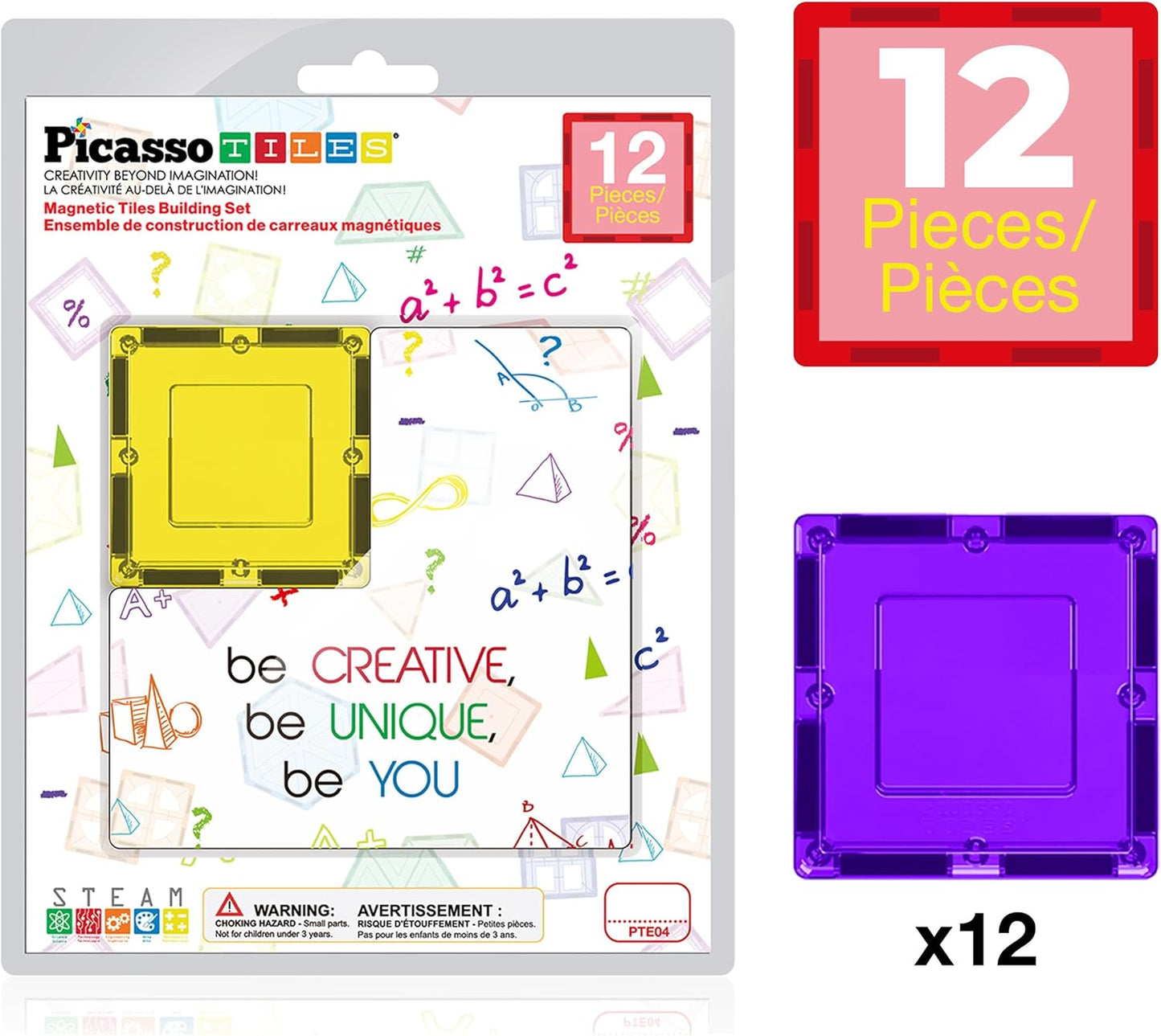 PicassoTiles 4pcs Magnetic Building Block Large Square Shape Magnet Tiles Construction Toy STEM Learning Kit Educational Playset Playboard Pretend Play Stacking Blocks Child Brain Development PTE09