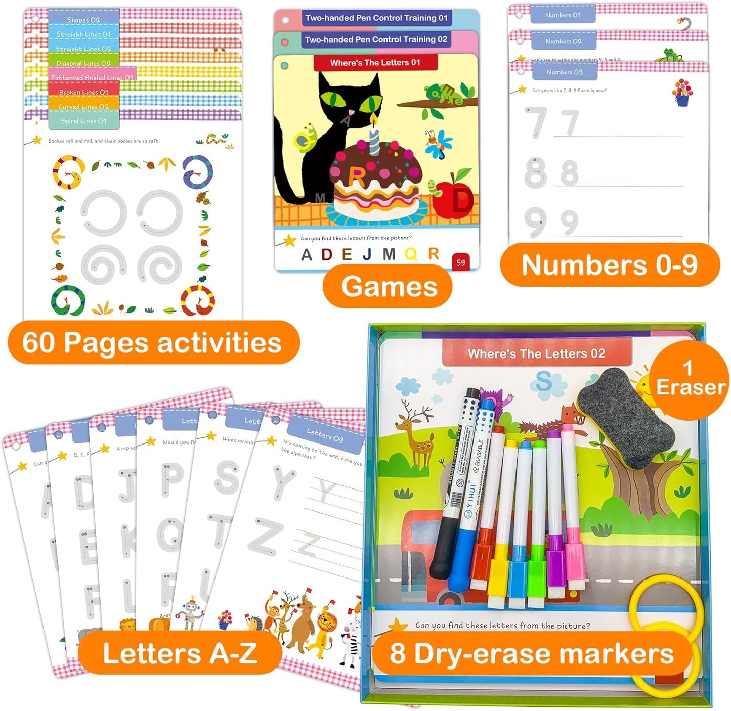 ElitePanda Preschool Learning Activities – 30 Dry Erase Cards (60 Pages), Handwriting Practice & Fine Motor Skills, Letter and Number Tracing for Kids, Learning Toys for Ages 3–5