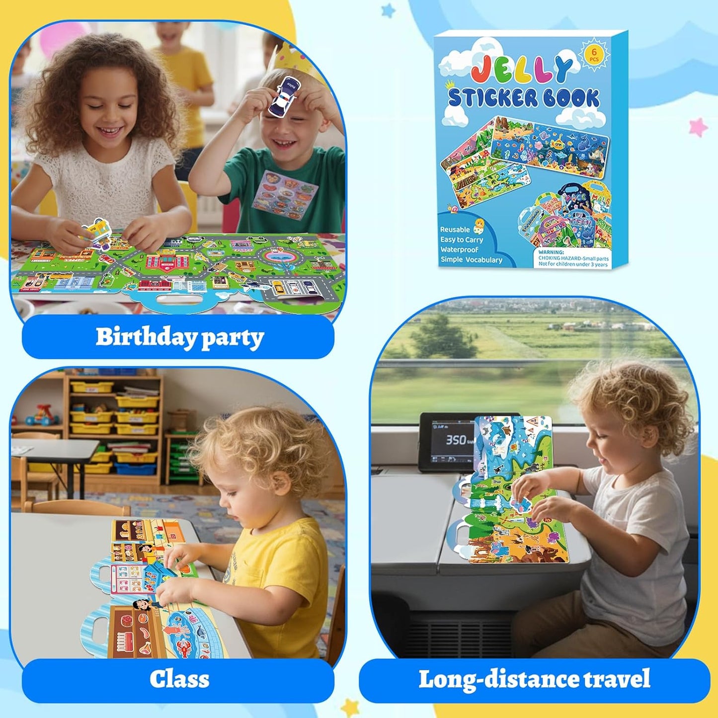 6 Sets Reusable Sticker Book for Toddlers 1-3, Jelly Sticker Books for Childs 1 2 3 Years, Toddler Travel Toys for Ages 1-3 Boys & Girls