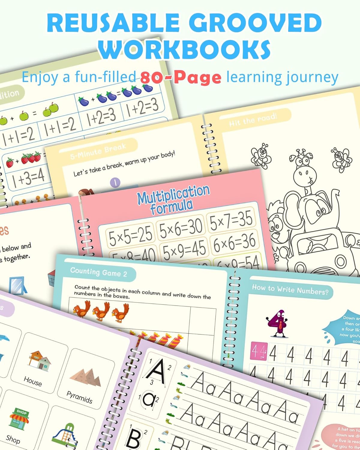 Large Magic Handwriting Practice Workbooks, Reusable Grooved Handwriting Practice for Kids 3-8, Toddler Writing Practice, Math Calligraphy, Letter Tracing, for Kindergarten Preschool, The Fun Kit