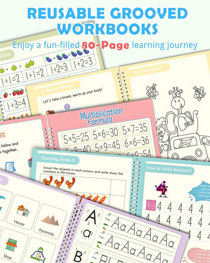 Large Magic Handwriting Practice Workbooks, Reusable Grooved Handwriting Practice for Kids 3-8, Toddler Writing Practice, Math Calligraphy, Letter Tracing, for Kindergarten Preschool, The Fun Kit