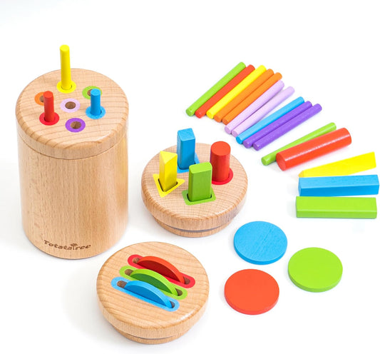 Wooden Montessori 3-in-1 Sensory Matching Games Play Set,Shape Sorting Coin Box for Ages 2-4, Toddler Color Matching Box, Wooden Learning Color Sorting Toys