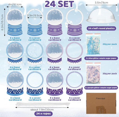 Threehoney 24 Pack Winter DIY Snow Globe Craft Kit for Kids Christmas 3D Shaking Snow Globe Hanging Ornament for Xmas Tree with Glitter Sequins Papers 3D Half Balls and Cards(Blue+Purple)
