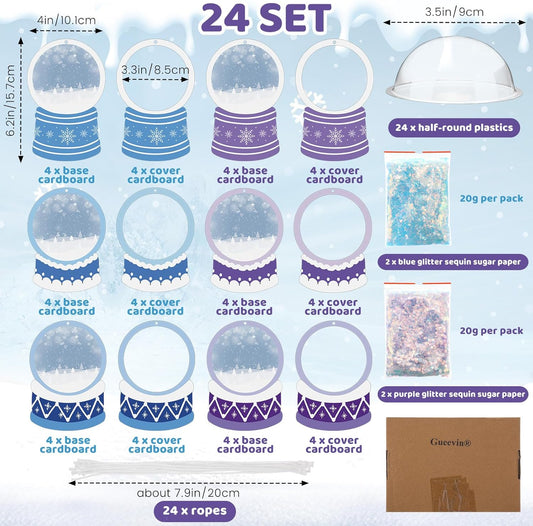 Threehoney 24 Pack Winter DIY Snow Globe Craft Kit for Kids Christmas 3D Shaking Snow Globe Hanging Ornament for Xmas Tree with Glitter Sequins Papers 3D Half Balls and Cards(Blue+Purple)
