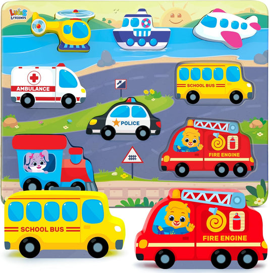 Jumbo Wooden Puzzles, Vehicle Puzzles Toys for Toddlers 2-4, Learning Educational Toys for Toddler 2 3 4 Years Old Boys & Girls As Gifts, Montessori Puzzle Board for Baby and Kids By Lucas & Friends